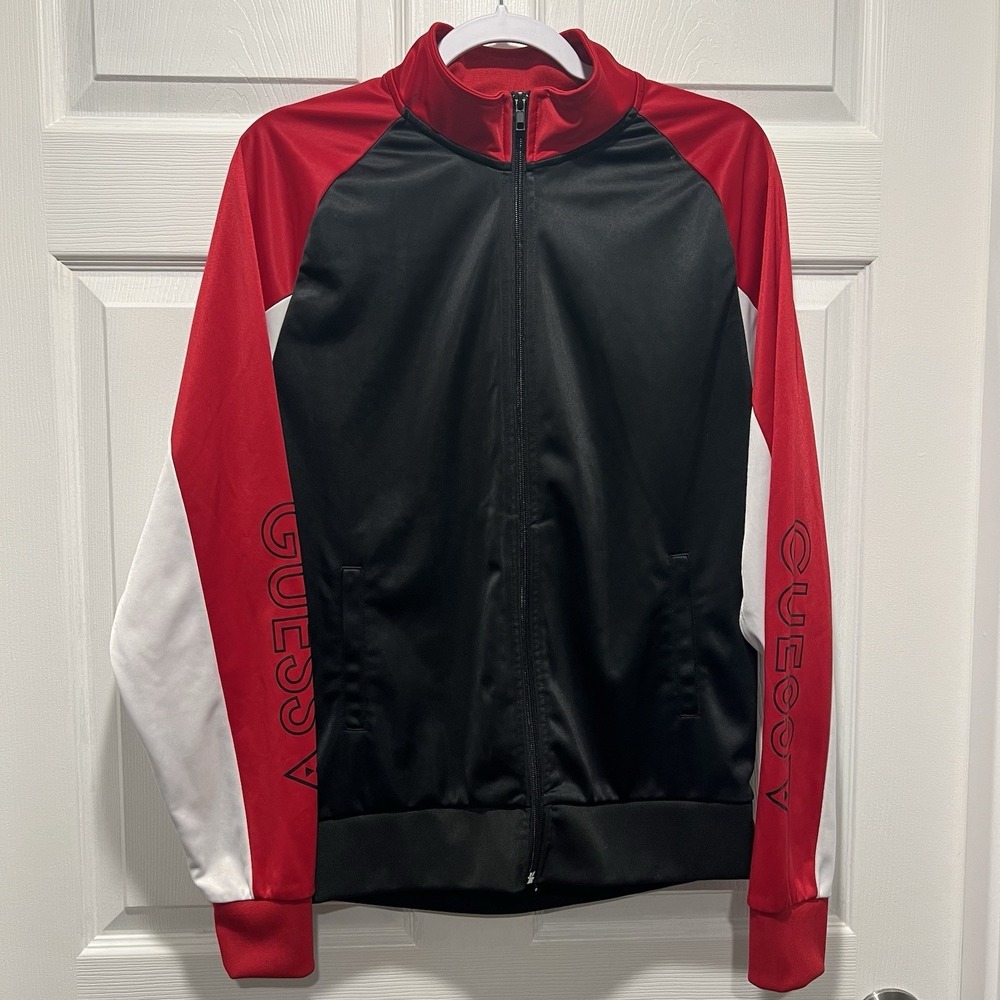Guess California Athletic Jacket Black With Red And White Sleeves Size Medium